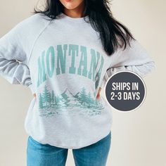 Montana Crewneck  ------ + unisex fit + size up for oversized fit + 52/48 cotton/polyester + raglan sleeves + printed with ink, not vinyl, on our Ash colored sweatshirt Montana Sweatshirt, Yellowstone Park, Sweatshirt Trendy, Sweatshirt Oversized, Mens Long Sleeve Tee, Fall Sweatshirt, Elegant Shirt, Quarter Zip Pullover, Vintage Sweatshirt