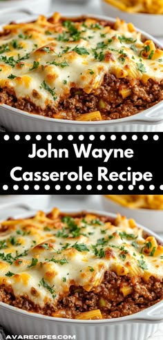 two images of the same casserole dish with cheese and ground beef in it