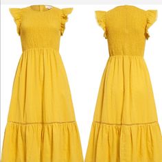 A Smocked Bodice With Fluttery Cap Sleeves Skims Your Figure And Leads To The Tiered Skirt Of This Gorgeous Midi Dress In A Sunny Hue. Never Worn! Smoke Free Home. Tiered Skirt, Sewing Inspiration, Daffodils, Cap Sleeves, Smocking, Bodice, Colorful Dresses, Midi Dress, Lost