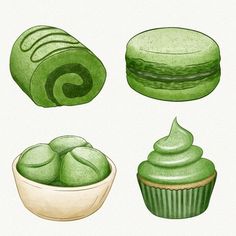 four different types of green frosted treats