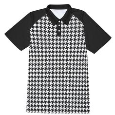 Polo Shirt, Houndstooth Shirt,Black Polo Shirt, Men's shirt, Men's vintage shirt, Vintage style shirt men, Men's knit shirt, Black Shirt men, plus size men, men's plus size shirt Made to order, Designed in California, Manufactured overseas I wanted to create this black houndstooth polo shirt for men since I seldom see this style on a polo shirt. Great with jeans or dress pants. Dress it up or down, anything goes. Super fun classic style. I hope you enjoy my  design.  Custom made to order.  ● Fabric: 100% polyester, knit texture.  ● Regular fit ● Short sleeve, raglan sleeve, stand-up collar, button closure ● Fabric weight: 200g/m ● Care Instruction: machine wash cold with similar colors, do not bleach, tumble dry low, do not iron, do not dry clean.. Casual Houndstooth Collared Top, Casual Collared Houndstooth Top, Casual Collared Top With Houndstooth Pattern, Retro Black Collared Shirt, Cotton Collared Top With Houndstooth Pattern, Retro Black Tops For Work, Casual Black Houndstooth Top, Retro Black Workwear Shirt, Retro Black Shirt For Work