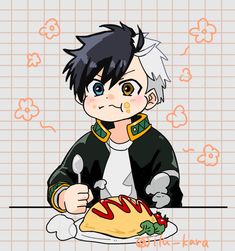 a drawing of a boy sitting at a table with a piece of pizza in front of him