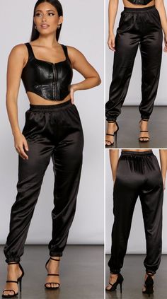 Satin Pants Outfit Classy, Satin Joggers Outfit, Jogger Pants Outfit Women, Spring Pants Outfits, Satin Pants Outfit, High Waist Joggers, Classy Pants, Spring Pants, Jogger Pants Outfit