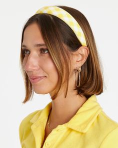 Camila is 5'10" and wearing size OS Yellow Summer Headband, Yellow Headband Hair Accessories For Spring, Adjustable Yellow Headband For Summer, Adjustable Yellow Hair Accessories For Summer, Retro Adjustable Headband For Spring, Retro Adjustable Spring Headband, Yellow Headband, Yellow Gingham, Red And Yellow