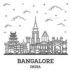 Outline Bangalore India City Skyline with Historic Buildings Isolated on White. Bangalore Doodle Art, Bangalore Illustration, Bangalore Skyline, Ganpati Photo, Ganpati Photo Hd, City Outline, Cityscape Drawing, Bangalore City, Doddle Art