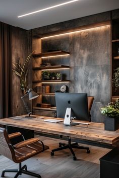 Modern home office with wooden desk, elegant chair, large computer monitor, and built-in shelves with decorative items. Modern Mountain Home Office, Home Office With Large Window, Male Home Office Decor, Home Office Nook Ideas, Moody Office Space, Office Nook Ideas, Male Home Office, Cozy Home Office Ideas, Office Ideas For Men