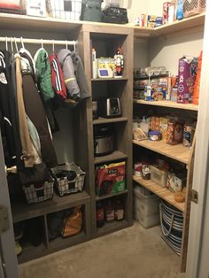 the closet is stocked with various items and supplies