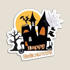 a sticker that says happy halloween in front of a castle