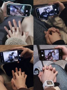 multiple shots of people using cell phones to take pictures with their hands while sitting on the couch