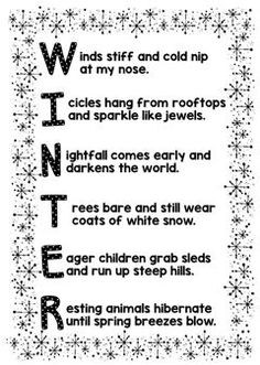 a poem written in black and white with snowflakes on the bottom, which reads winter