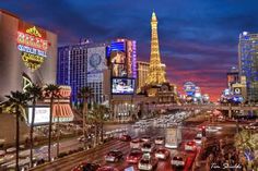 the las vegas strip at night with traffic