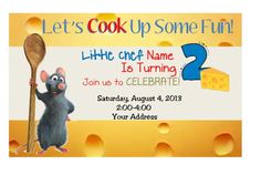 a cartoon mouse holding a wooden spoon with cheese on it and the words let's cook up some fun