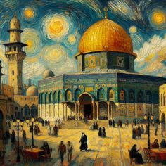 an oil painting of the dome of the rock on the temple mount in the night