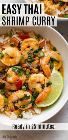 two bowls filled with shrimp, rice and cilantro