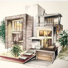 a drawing of a house with trees and stairs