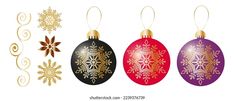 three christmas ornaments hanging from strings with gold snowflakes on top and red, purple, and green ornament