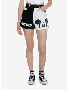 Keep it classic with the leader of the club that's made for you and me! These mom shorts feature a black and white color-block design with Mickey Mouse's face printed on one leg and his name embroidered on the other. Comes with cuffed hems. Mermaid Shorts, Disney Shorts, Mouse Color, Denim Overalls Shorts, Mom Denim, Black Jeans Outfit, Her Universe, Tall Hoodies, Plus Size Swim