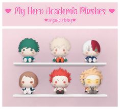 four anime dolls are sitting on shelves with the caption my hero academy plushes