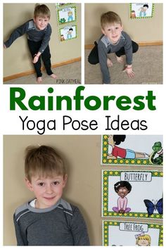 a young boy is doing yoga poses with the words rainforest on it and in front of him