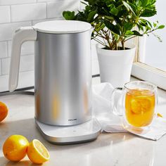 an electric tea kettle next to some lemons and a potted plant