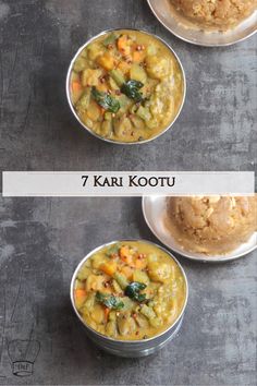 three bowls filled with different types of food on top of a table next to each other