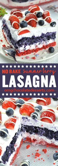 a red, white and blue cake with the words lasagna on it