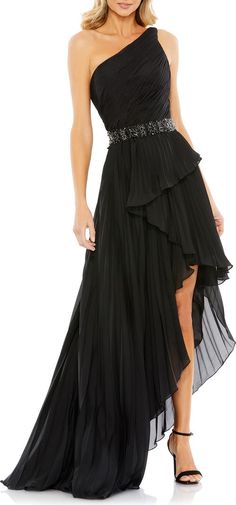 Mac Duggal Ruffle Pleated One-Shoulder High-Low Gown | Nordstrom Green Evening Gowns, Wedding Black Tie, Georgette Gown, High Low Gown, Ruffle Gown, Sheath Gown, Prom Long, Mac Duggal Dresses, Unique Prom Dresses