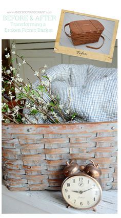 an old basket with a clock and flowers in it