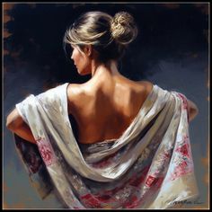 a painting of a woman wearing a white and red dress with her back to the camera