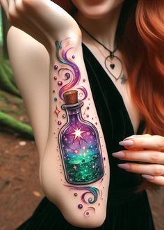 Beautiful Witch Tattoo, Wicca Elements, Colorful Spiritual Tattoos, Witchcraft Elements, Paint Tattoos, Planchette Tattoo, Herbal Alchemy, Miscellaneous Tattoos, Claddagh Tattoo