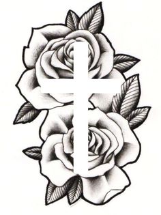 a cross and two roses tattoo design