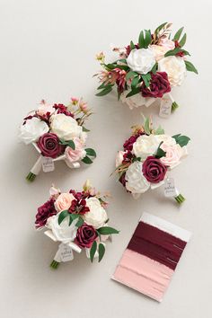 three bridal bouquets with red and white flowers on them next to a color swatch