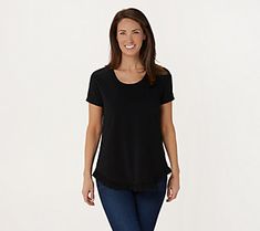 When you want to get your comfy on but still need a touch of style, reach for this tee featuring a little ruffle action at the bottom. From Isaac Mizrahi LiveTM. Casual Ruffled T-shirt For Fall, Casual Crew Neck Top With Ruffle Hem, Casual Ruffle Hem Top With Relaxed Fit, Casual Tops With Ruffle Hem And Relaxed Fit, Stretch Ruffle Tops For Layering, Short Sleeve Ruffled Tops For Layering, Short Sleeve Tops With Ruffles For Layering, Stretch Top With Ruffle Hem And Short Sleeves, Stretch Short Sleeve Tops With Ruffle Hem