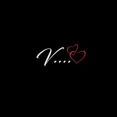 the word v is written in white and pink on a black background with two hearts