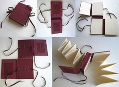 four different views of an open book with ribbon attached to the front and back sides