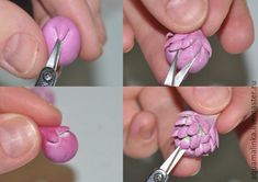 the process of carving pink flowers with scissors