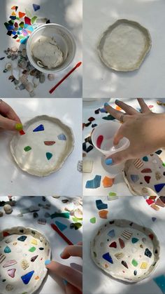 the process of making a paper plate with colored confetti and plastic spoons