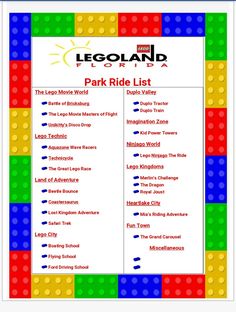 the legoland park ride list is shown in red, yellow and green blocks with text