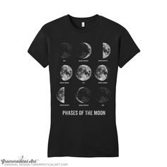 "Phases of the Moon T-Shirt This is for a 100% ringspun cotton shirt (heathers are a 50/50 ringspun cotton/poly blend; heathered gray is a 90/10 ringspun cotton/poly blend; heathered green is a 50/25/25 poly/ringspun cotton/rayon blend). Our shirts run fairly true to size, but we always recommend checking our sizing charts to determine your perfect size. Heathered pink is only available for women's sizes; for men's/unisex sizes, it will be a non-heathered pink. **PLEASE CHECK THE SIZING CHARTS ( Black Cotton Shirt With Moon Print, Science Teacher Shirts, Moon Phases Shirt, Science Teacher Shirt, Moon Phases Art, Science Shirts, Moon T Shirt, Space Shirts, Lunar Phase