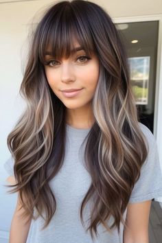 Extensions With Curtain Bangs, Halo With Bangs, Fall Hair With Bangs Long Layered, Fall Hairstyles With Bangs, Bangs And Money Piece, Long Volume Haircut, Feminine Hair Styles, Hair Cuts 2024 Trends Medium Length, Bang Hairstyles Long Hair