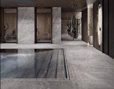 an indoor swimming pool in the middle of a room with glass doors and plants on either side