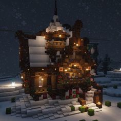 a house made out of wood and lights in the snow