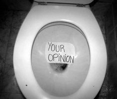 a white toilet with the words your opinion written on it's side in black and white