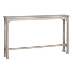 a white console table with metal legs