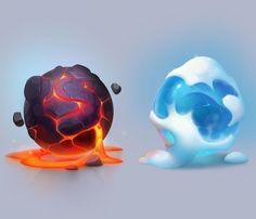 an image of two balls with fire and ice on them, one is blue and the other is white