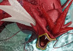 a red and white dragon with its mouth open in the water while it's surrounded by foam