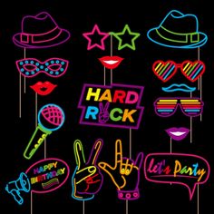 neon signs and masks with the words hard rock written on them in different colors, shapes and sizes