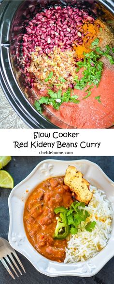 two pictures with different types of food in them and the words slow cooker red kidney beans curry