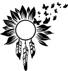 a black and white drawing of a sunflower with butterflies coming out of the center