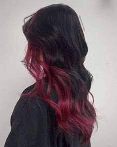 Peekaboo Hair Color Red And Black, Black Hair With Red Underlayer, Black With Red Peekaboo Hair, Burgundy Hair With Black Underneath, Black Hair Red Peekaboo, Deep Violet Raspberry Balayage, Black And Cherry Hair, Dark Brown And Red Hair Underneath